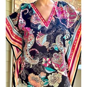 Spense designer beach cover up silky floral black pink blue paisley small m